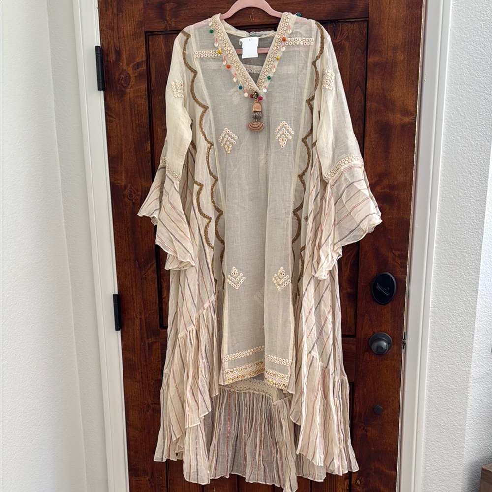 Bohemian Beige Maxi Dress with Embroidery